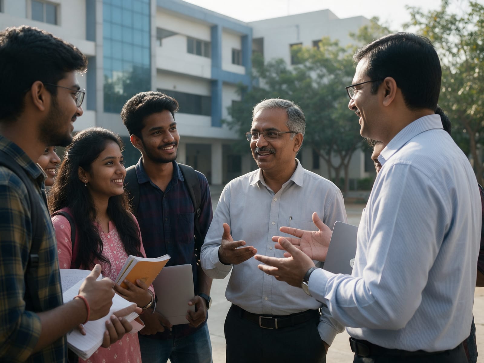 Students talking with a professor and a business professional in a college courtyard