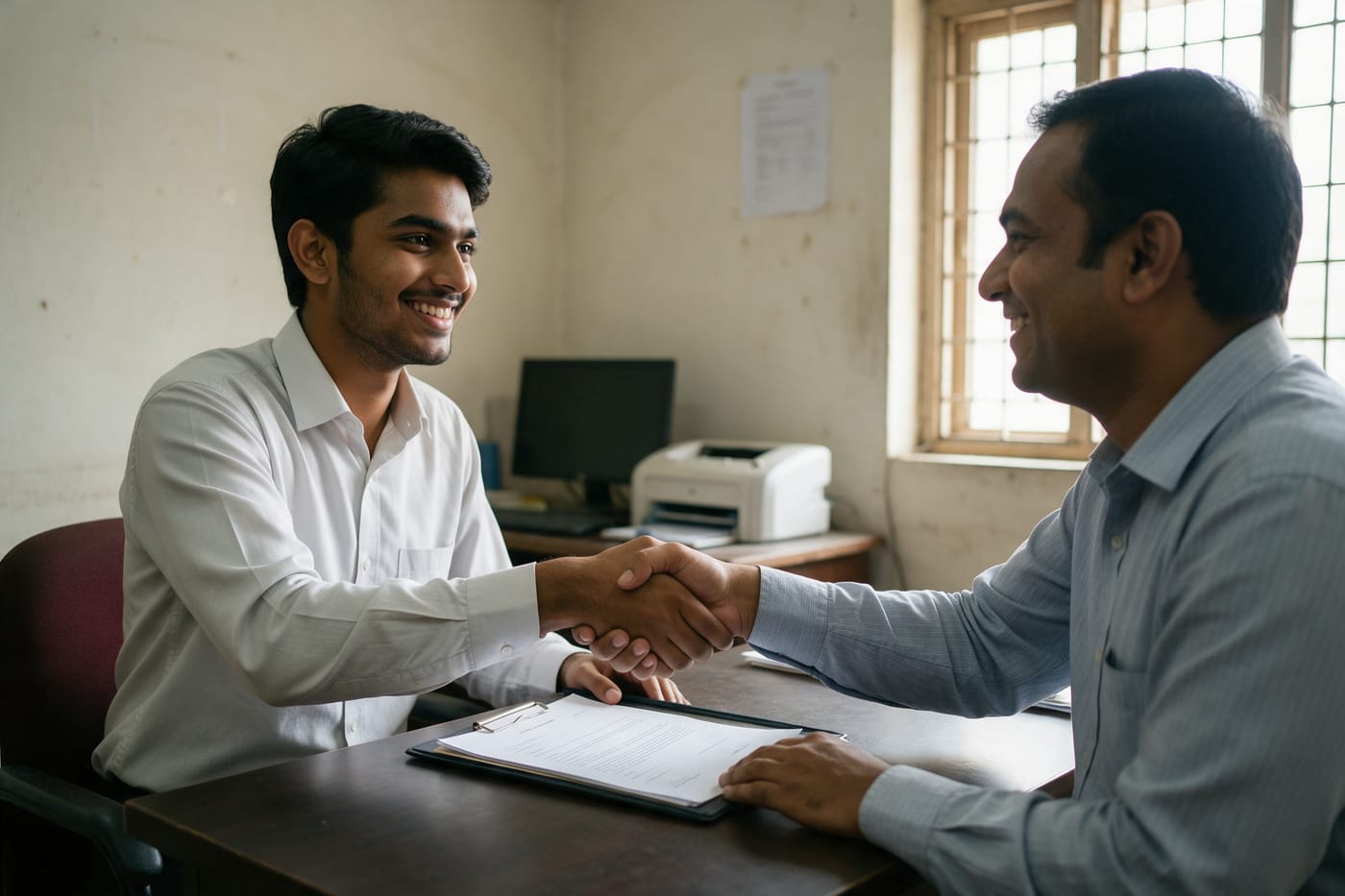 A graduate shaking hands with an employer across an office desk