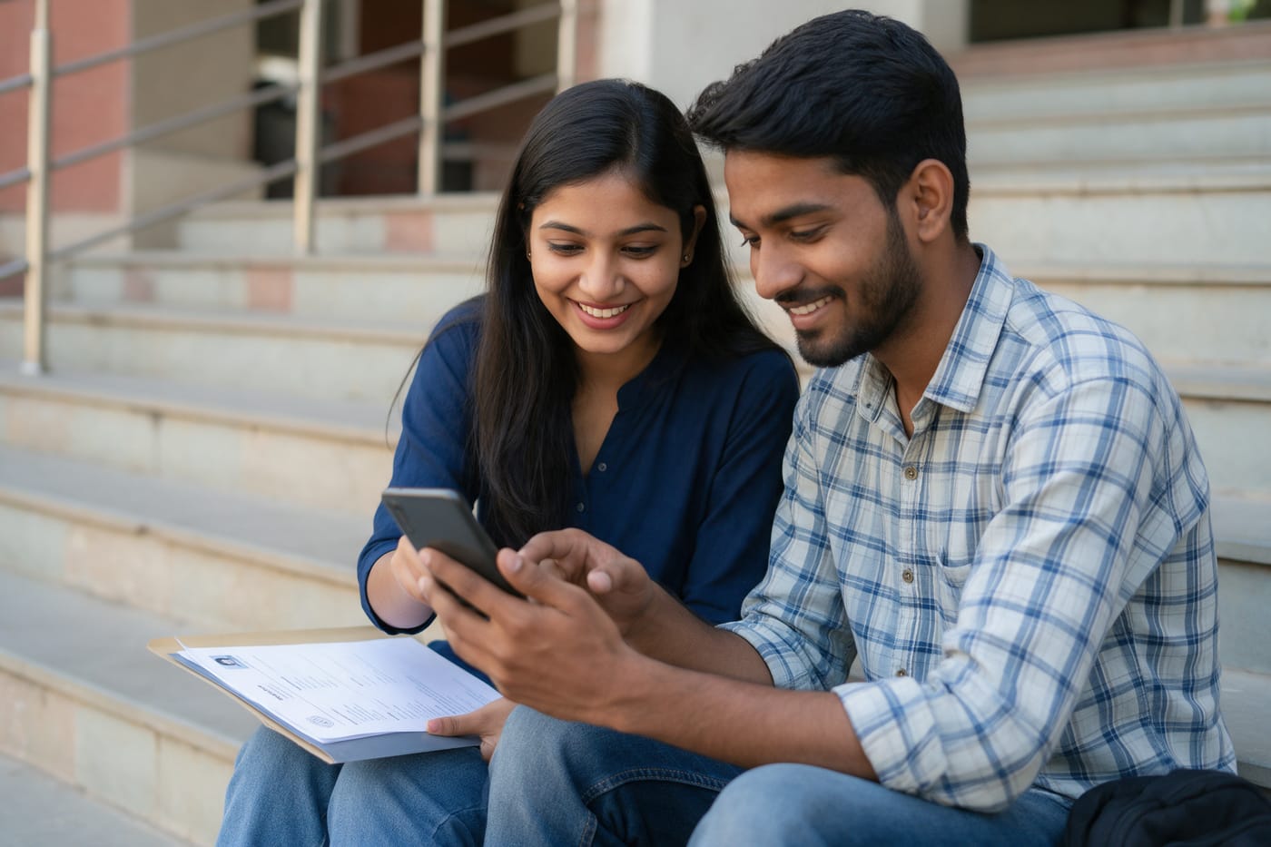 Two job seekers looking at a phone together on college steps