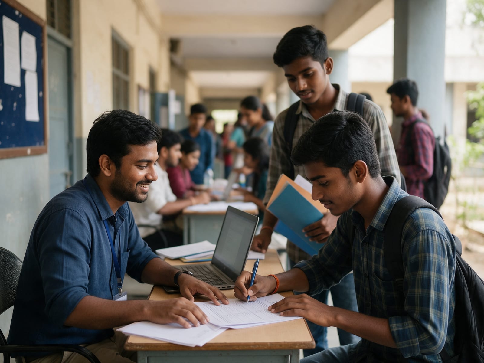A coordinator at a registration desk helping a student fill in a form