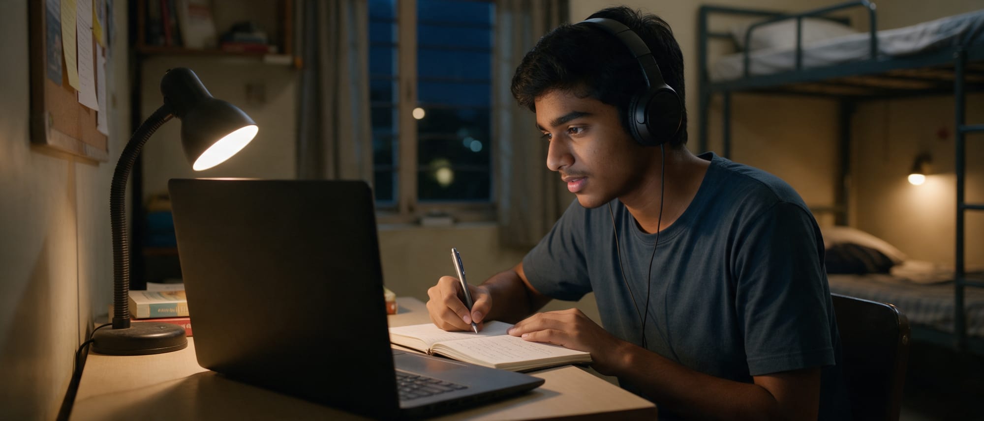 A student with headphones watching a recorded session on a laptop and taking notes