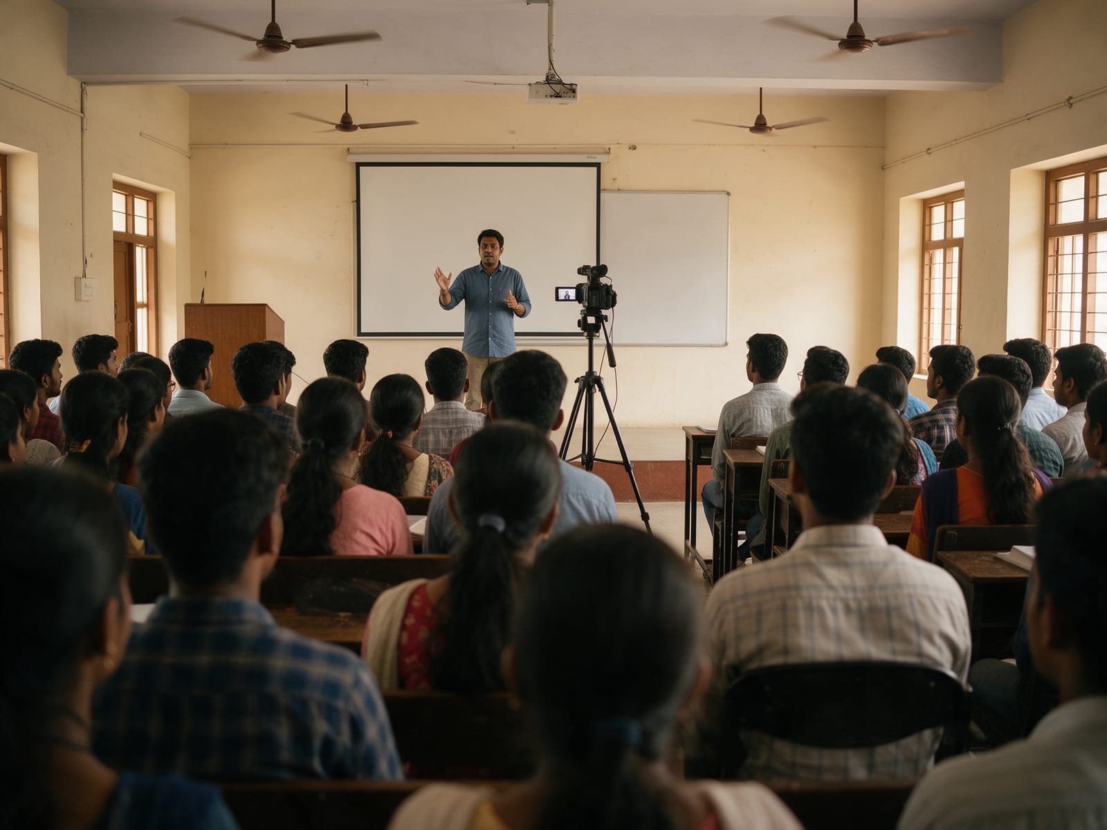 A speaker addressing students in a seminar hall while a camera records the session