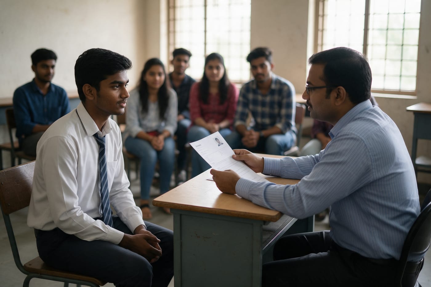 A student in a mock interview with a trainer holding a resume
