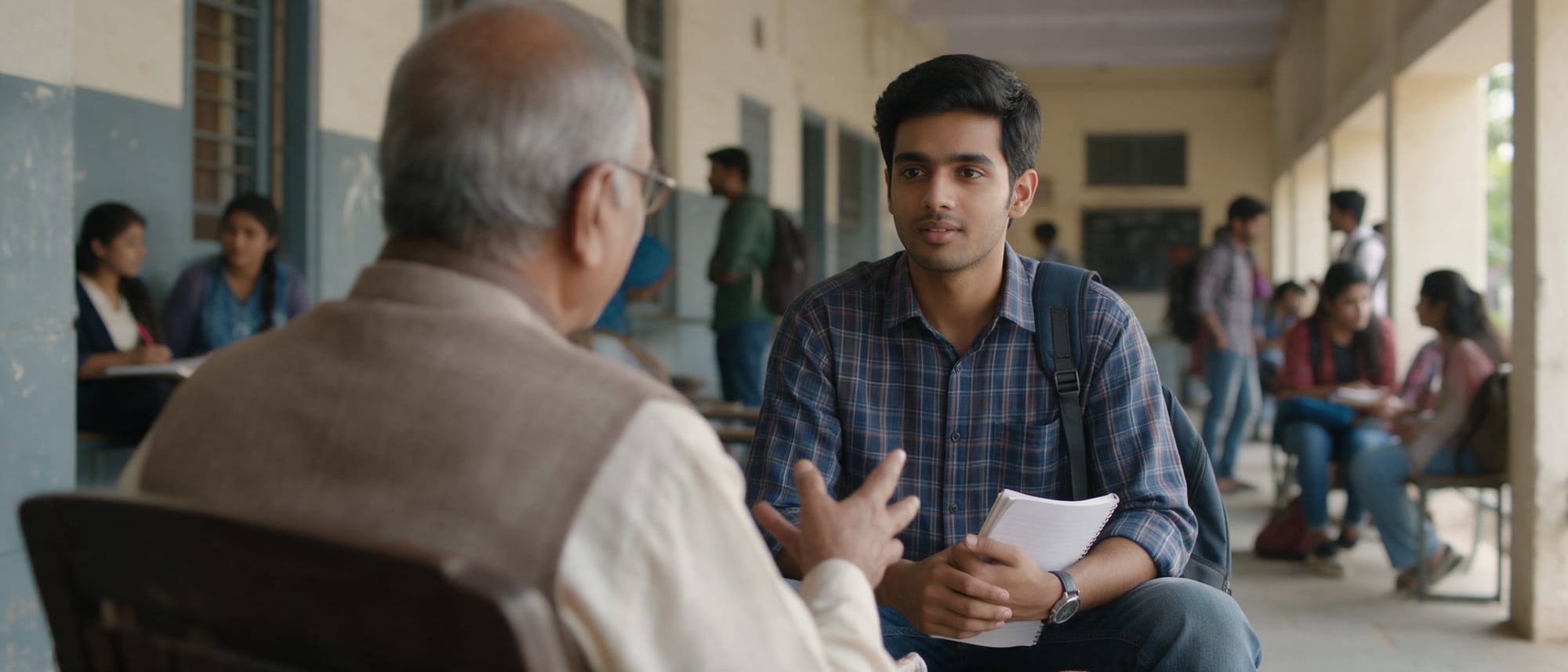 A mentor in conversation with a student on a college veranda
