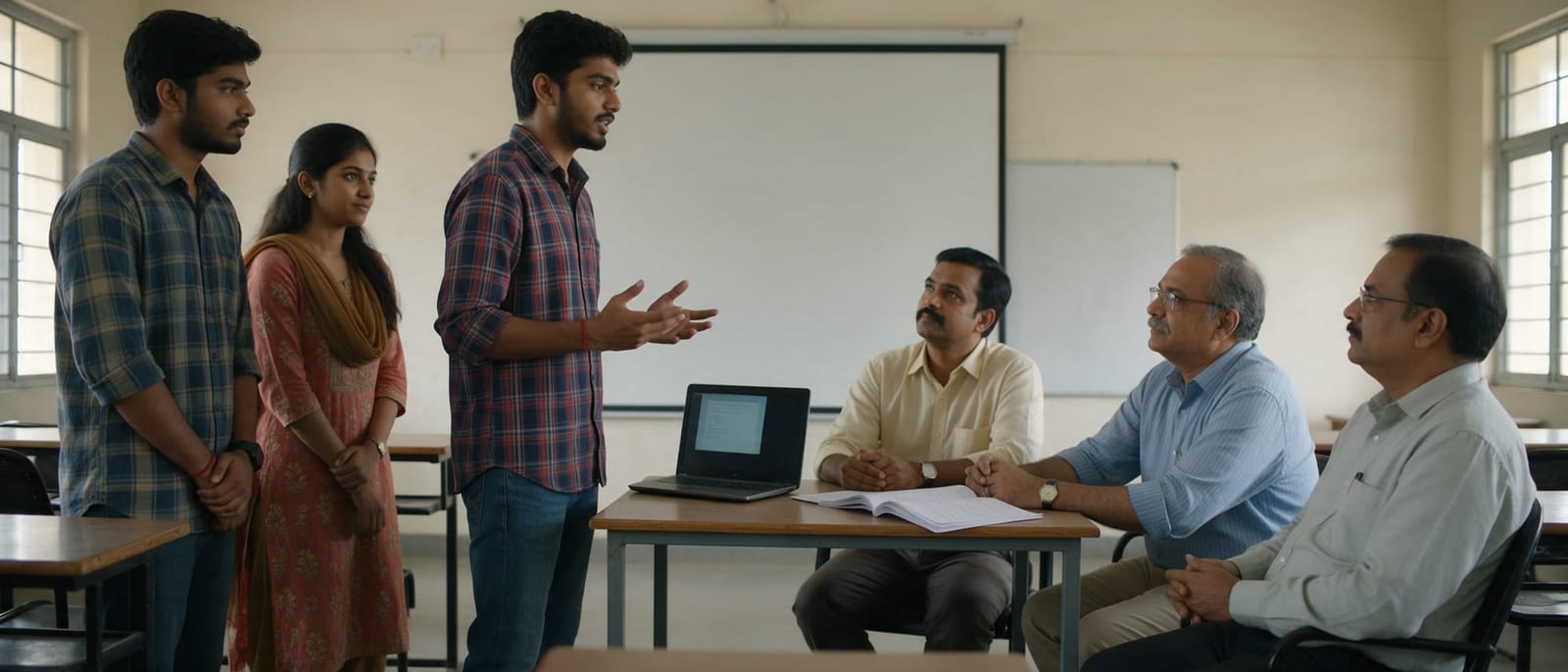 A student presenting a project to a seated review panel