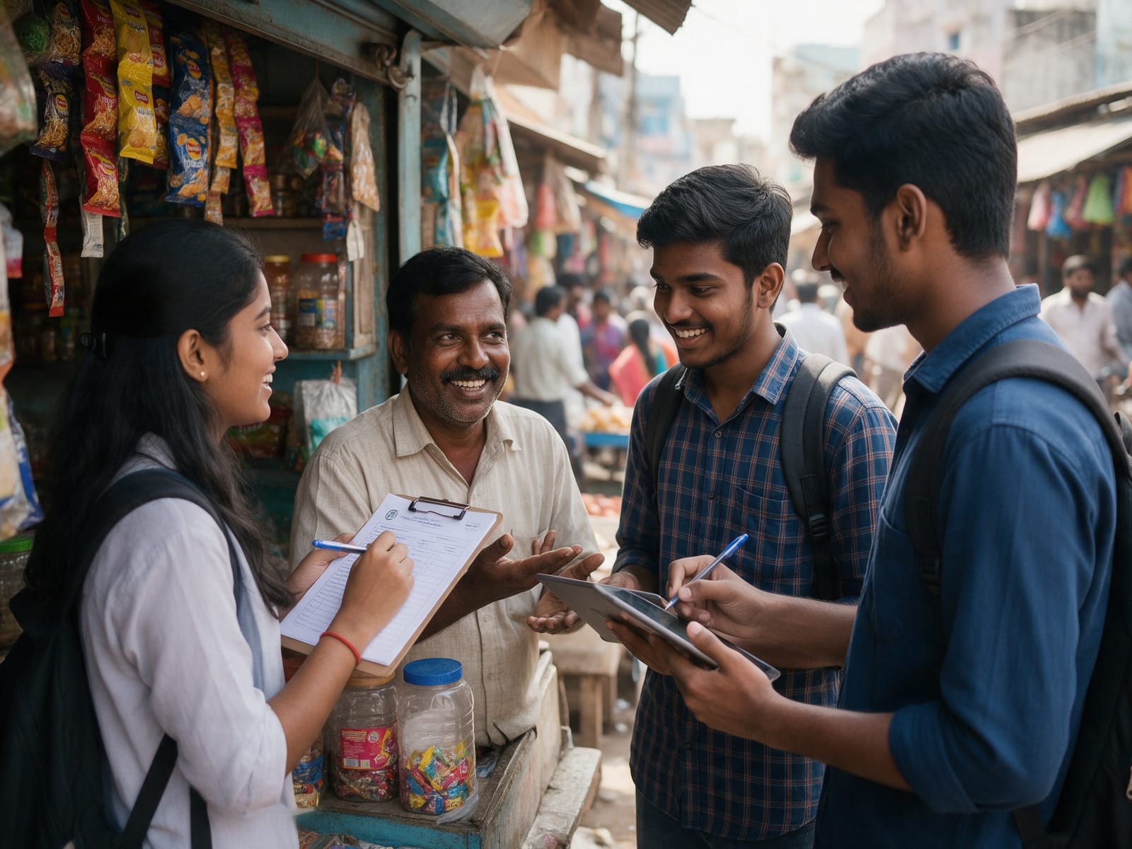 Students with a clipboard and a tablet interviewing a shopkeeper during a field survey