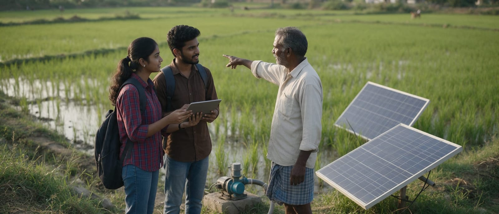 Two students with a tablet talking to a farmer beside a paddy field
