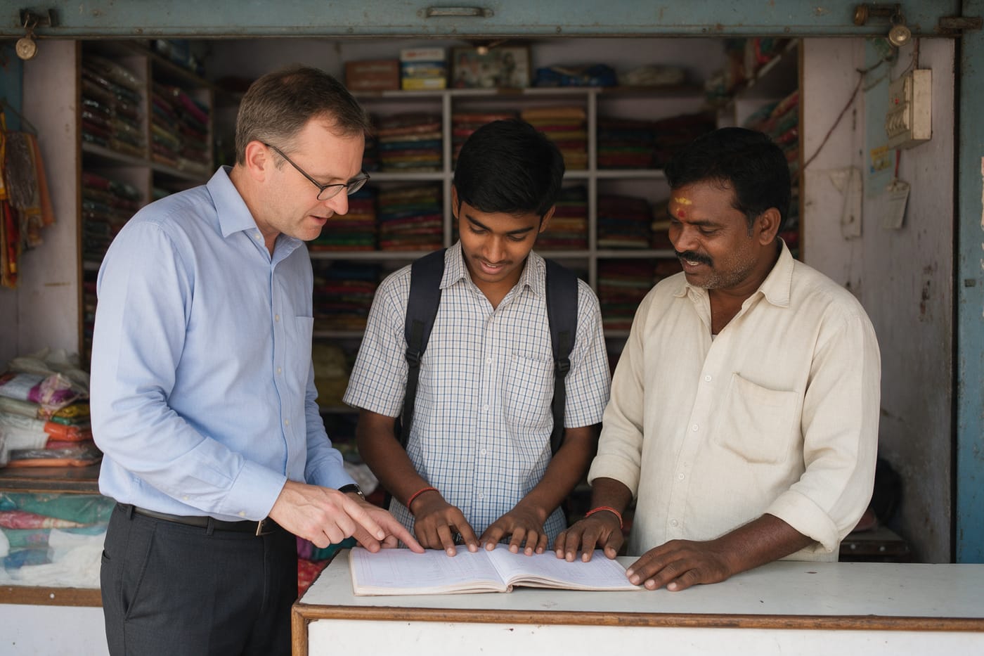 A consultant and a student going through an account book with a shop owner