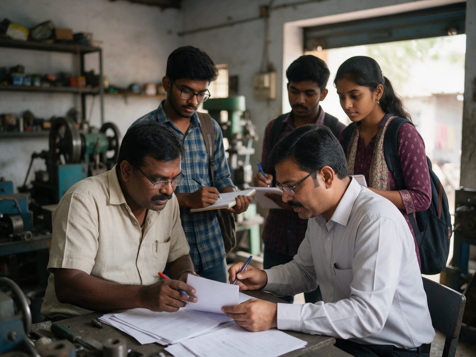 A consultant reviewing papers with a workshop owner while students take notes